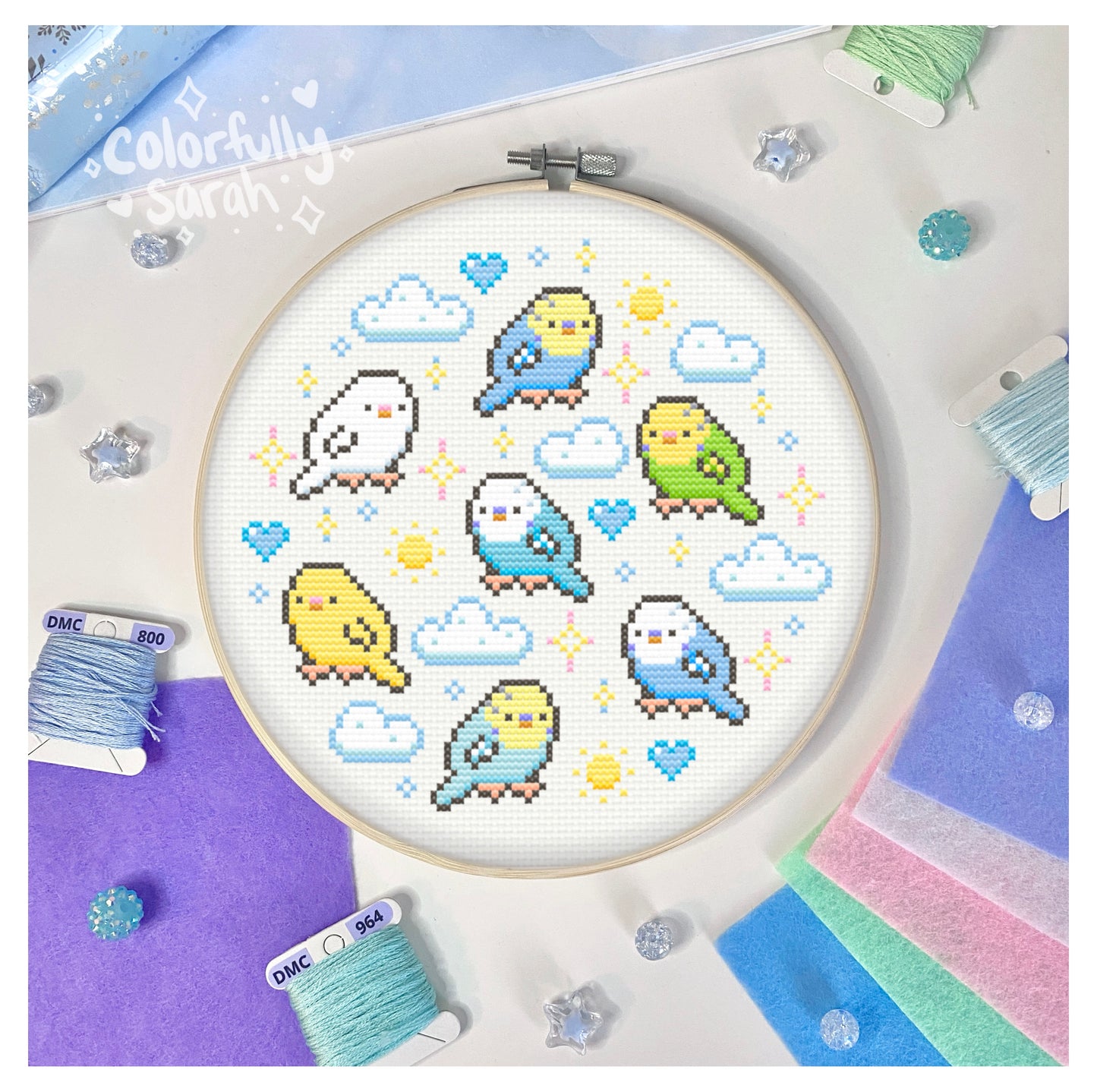 Budgies in the Sky Digital Cross Stitch Pattern PDF