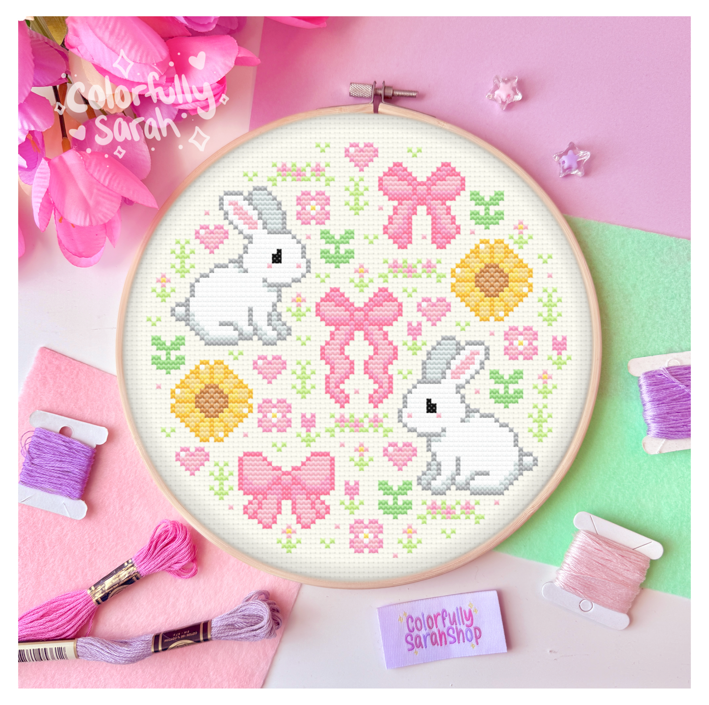 Coquette Bunnies Cross Stitch Pattern
