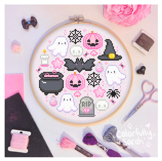 Pink Halloween Cross Stitch Pattern PDF